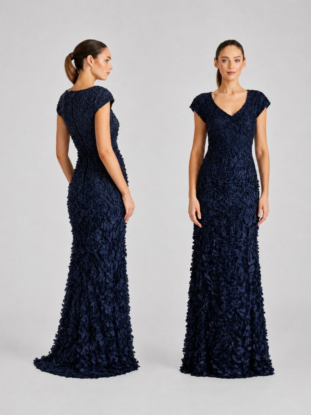 THEIA Beaded Petal Applique Textured Maxi Formal Gown Evening Dress Navy Blue 10